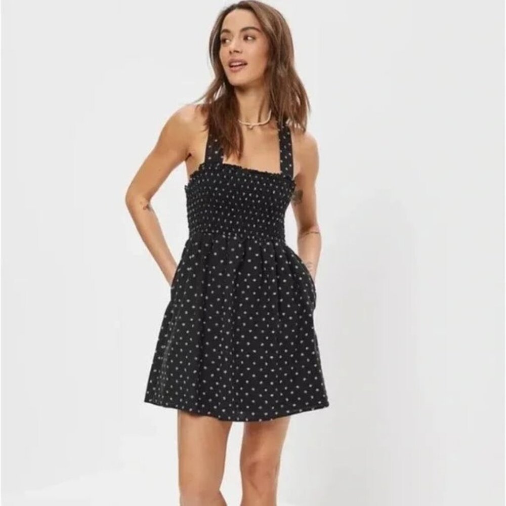 American Eagle Smocked Cross-Back Mini Linen Blend Dress Size Medium